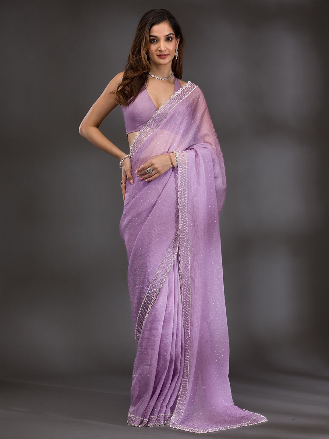 

Koskii Beads and Stones Tissue Saree, Purple