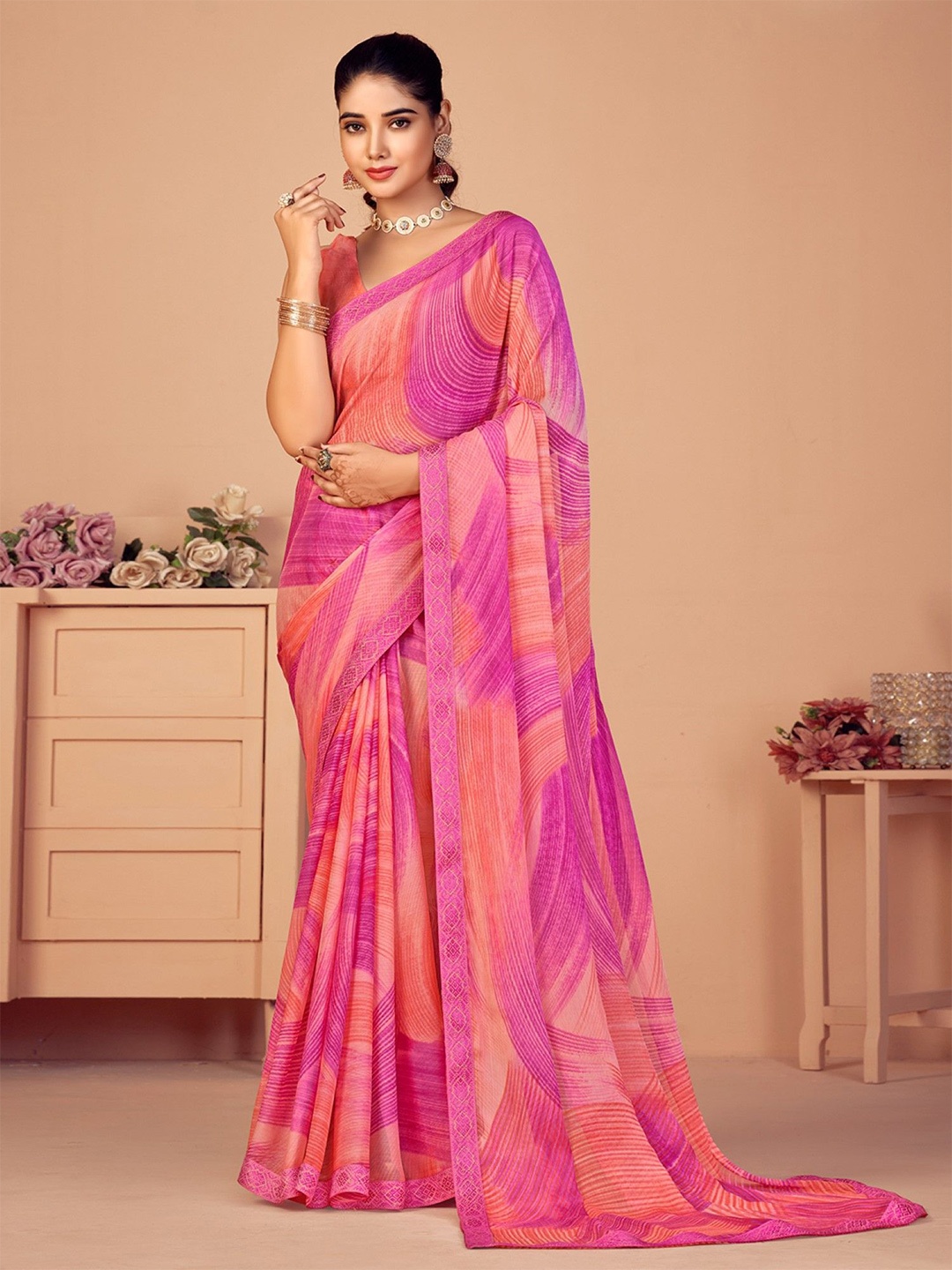 

KALINI Striped Printed Daily Wear Saree, Pink