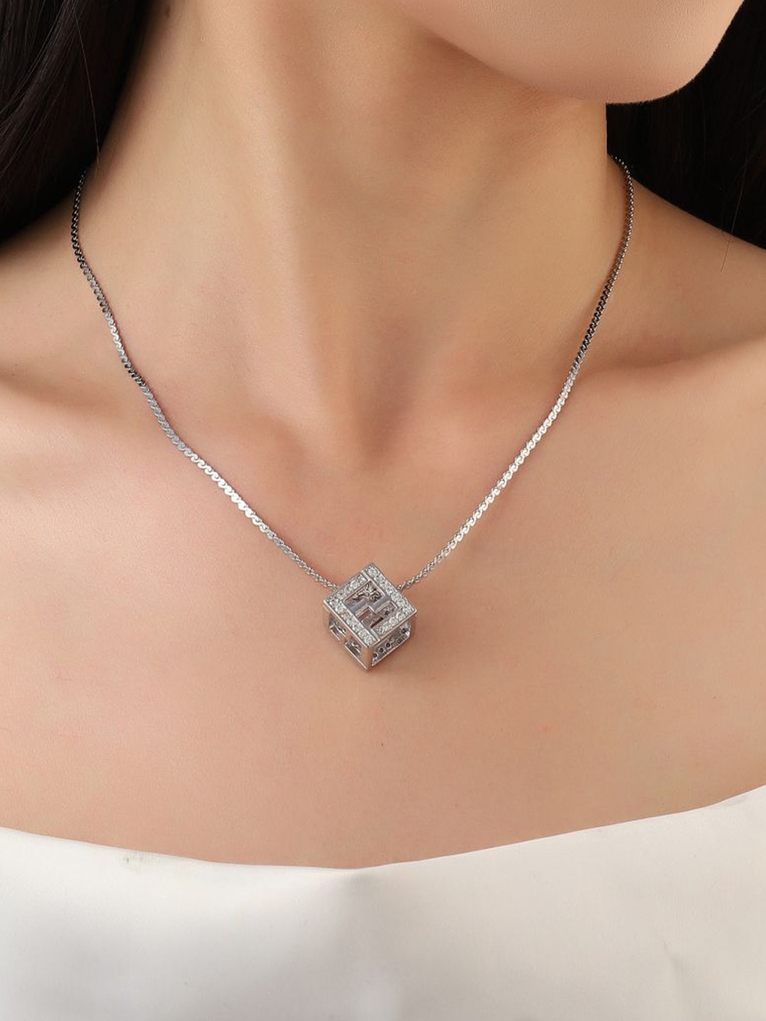 

SALTY The F Studded Stainless Steel Square Pendants With Chains, Silver
