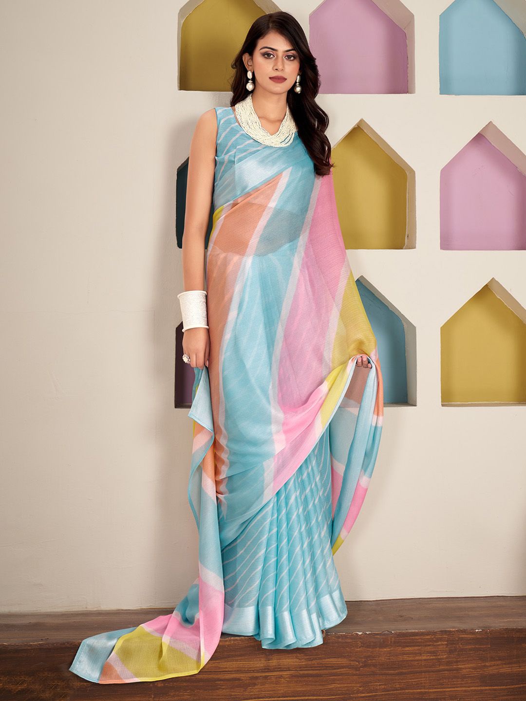 

Mitera Leheriya Zari Striped Saree, Blue