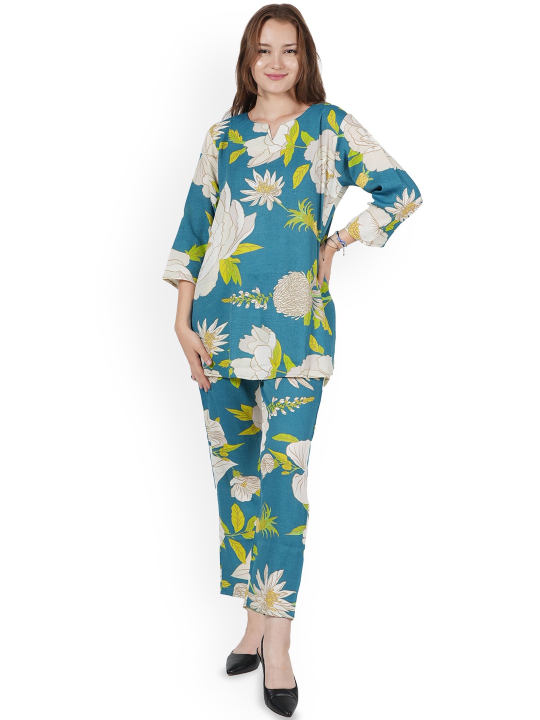 

BAESD Floral Printed Notched Neck Tunic With Trouser, Blue