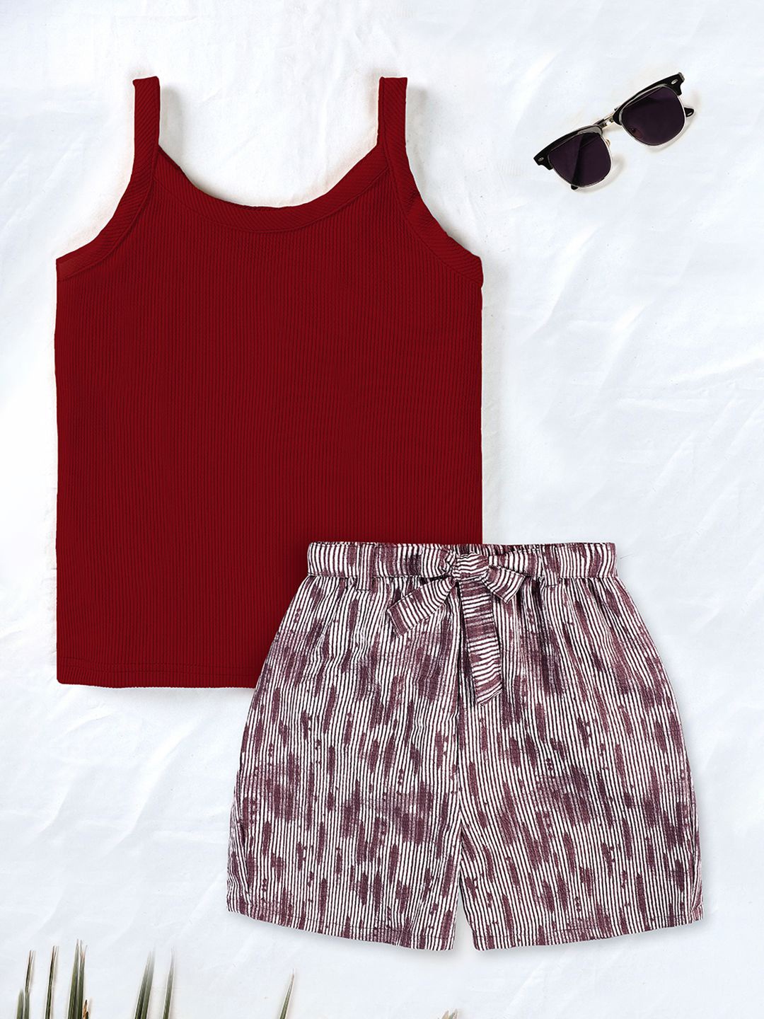 

BAESD Girls Shoulder Strap Neck Cotton Blend Top with Shorts, Maroon