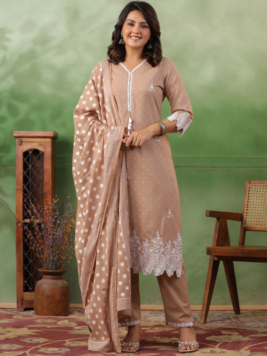 

Kiana Paisley Embroidered Pure Cotton Straight Kurta With Trousers & Dupatta, Beige
