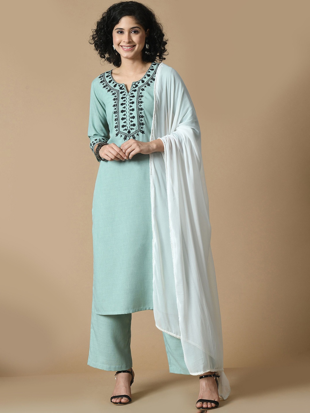 

Sangria Floral Yoke Design Regular Thread Work Kurta & Trousers With Dupatta, Sea green
