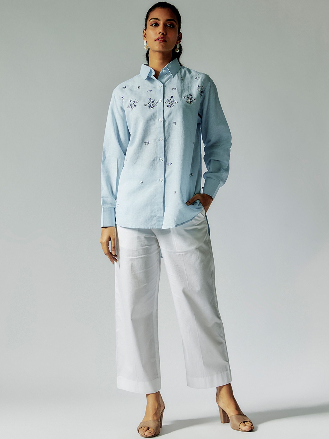 

Maisolos Embroidery Linen Shirt With Trousers, Blue