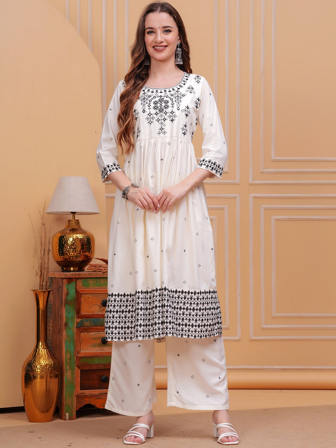 

BAESD Ethnic Motifs Embroidered A-Line Mirror Work Kurta with Trousers, White