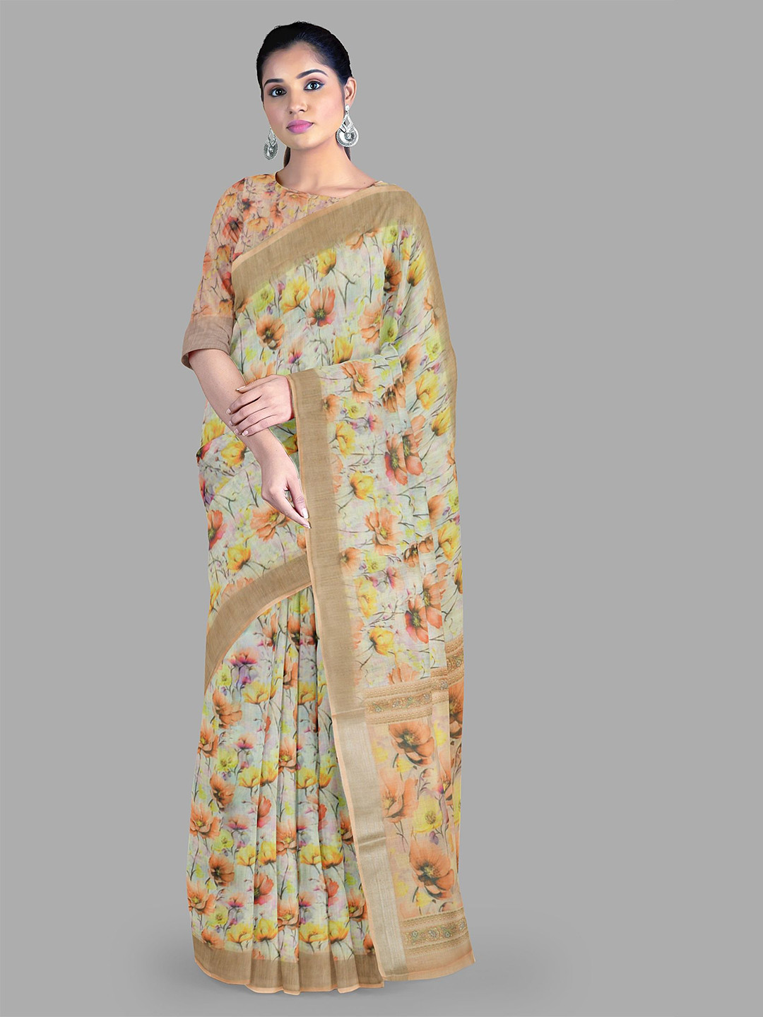 

The Chennai Silks Zari Woven Floral Saree, Beige