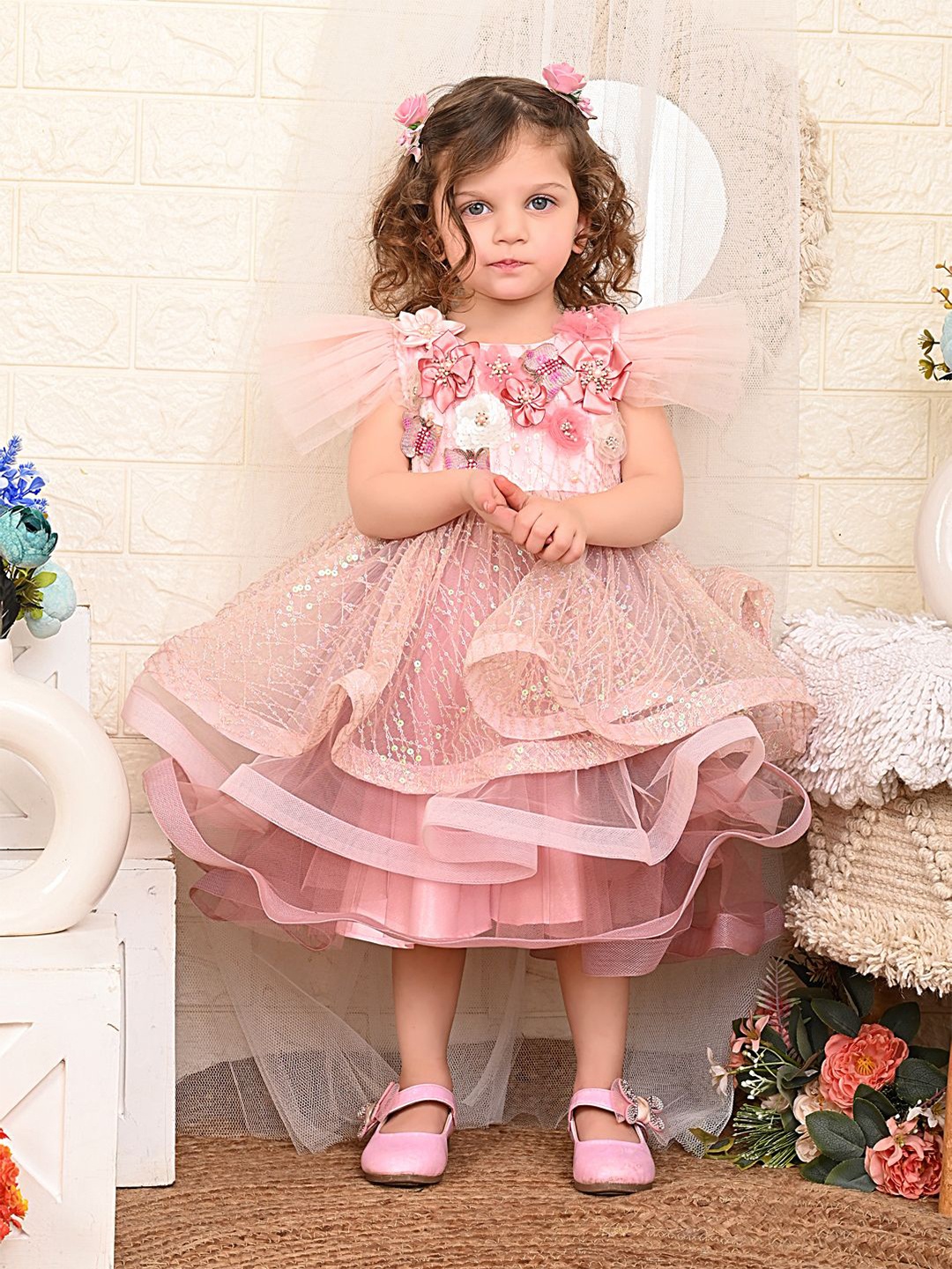 

Bedtime story Girls Embellished Net Fit & Flare Dress, Pink