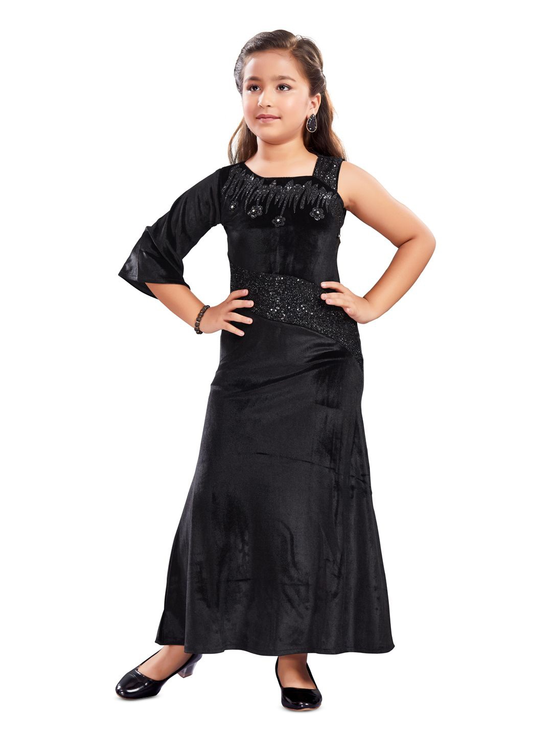 

Lei-Chie Girls One Shoulder Velvet Maxi Dress, Black