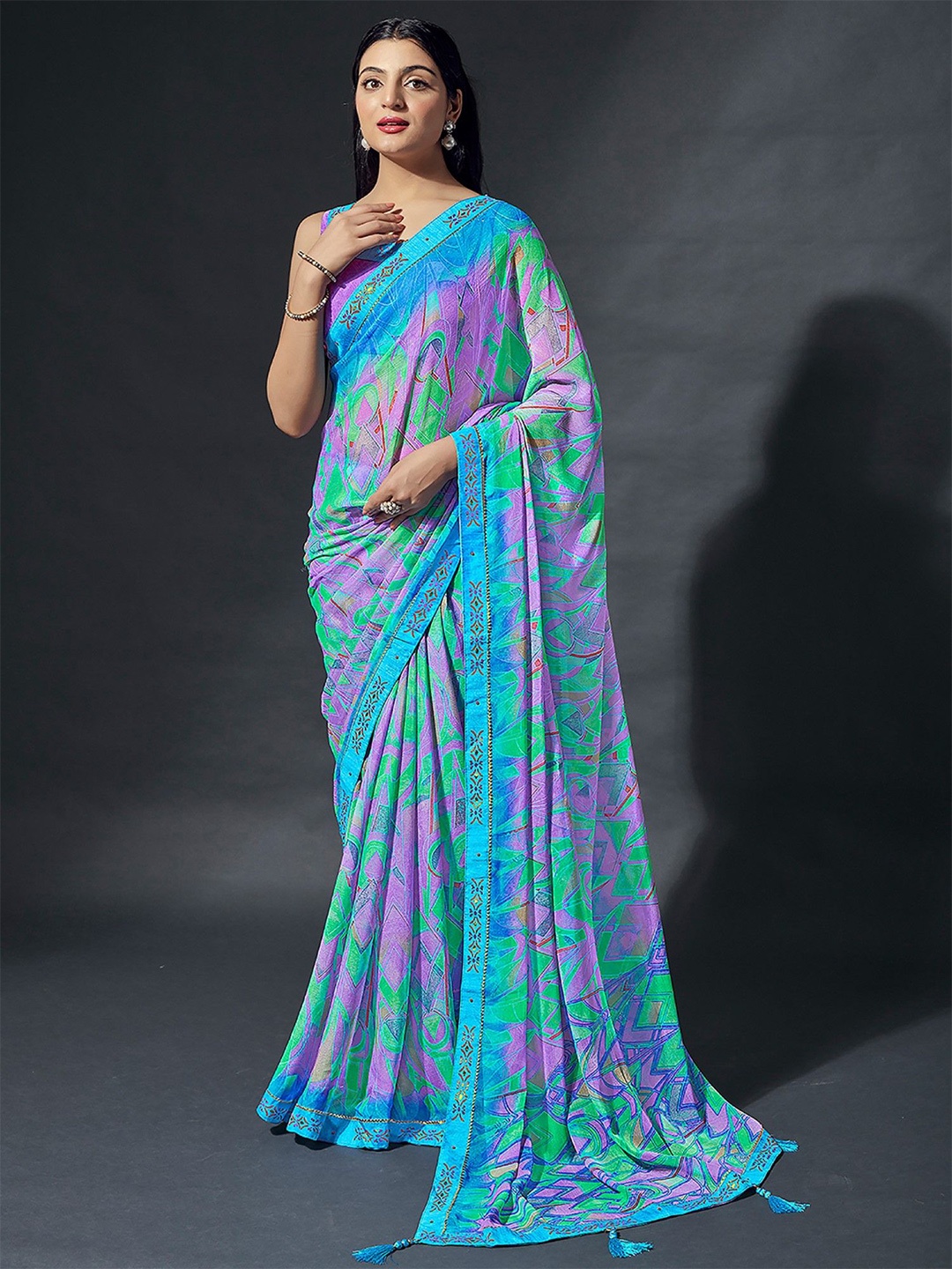 

KALINI Abstract Printed Banarasi Border Saree, Blue