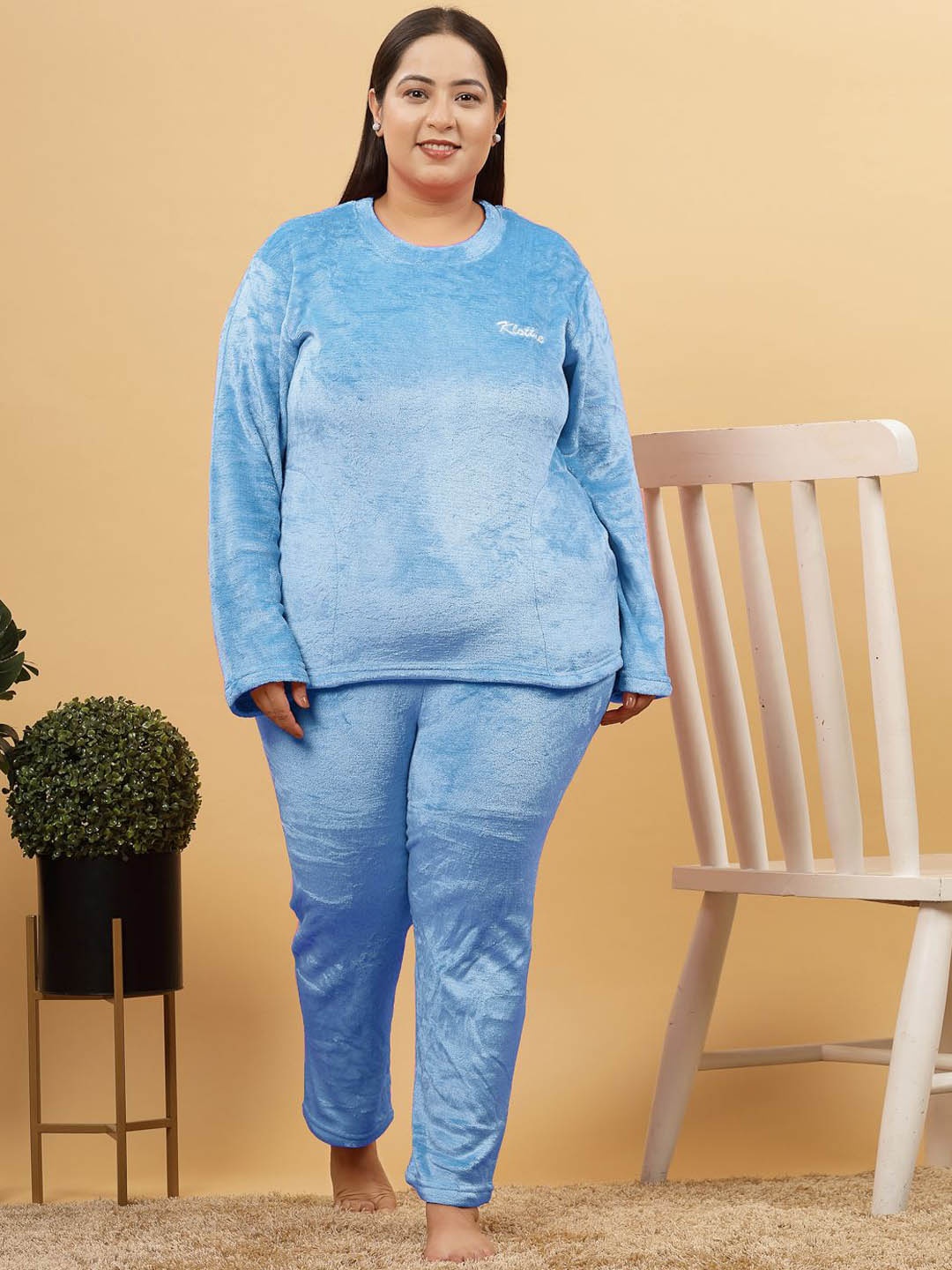 

KLOTTHE Women Plus Size Solid Woolen Night Suit, Blue