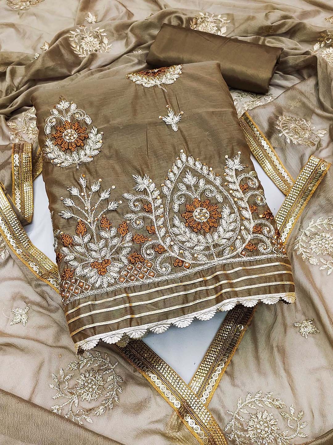 

Ishin Floral Embroidered Zari Unstitched Dress Material, Beige