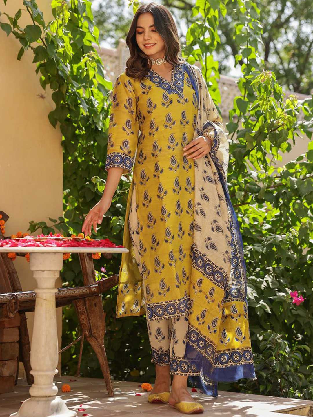 

Anni Designer Floral Printed Straight Kurta With Trousers & Dupatta, Mustard