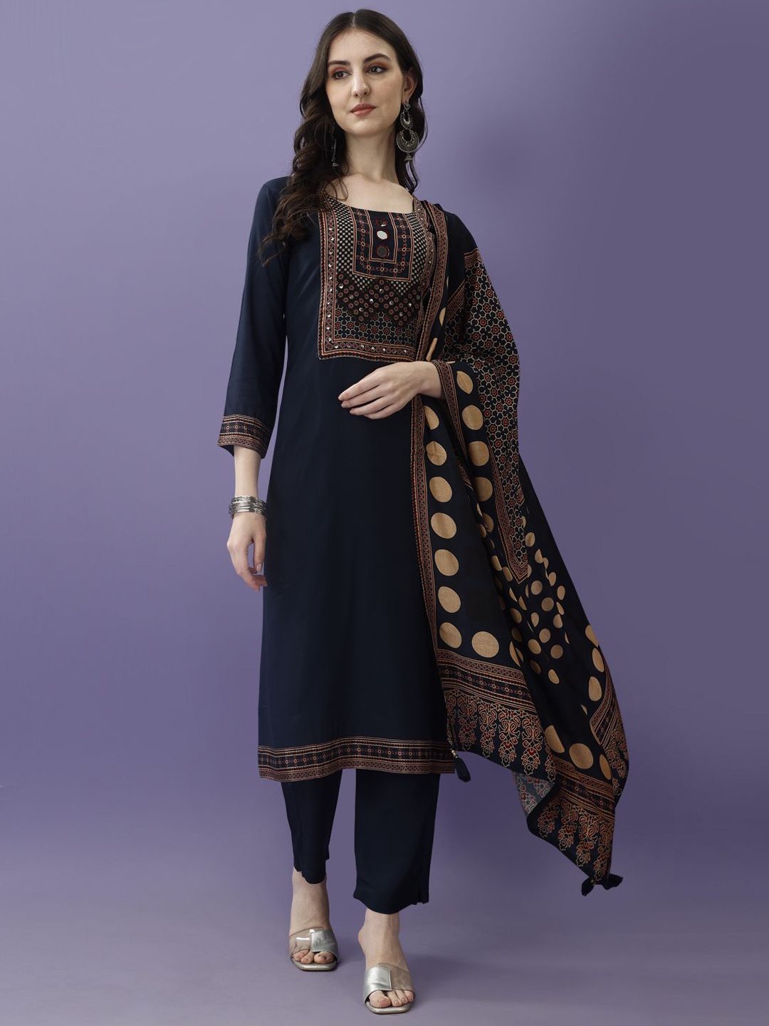 

KUNDAN FAB Yoke Design Thread Work Pure Cotton Straight Kurta With Trousers & Dupatta, Navy blue
