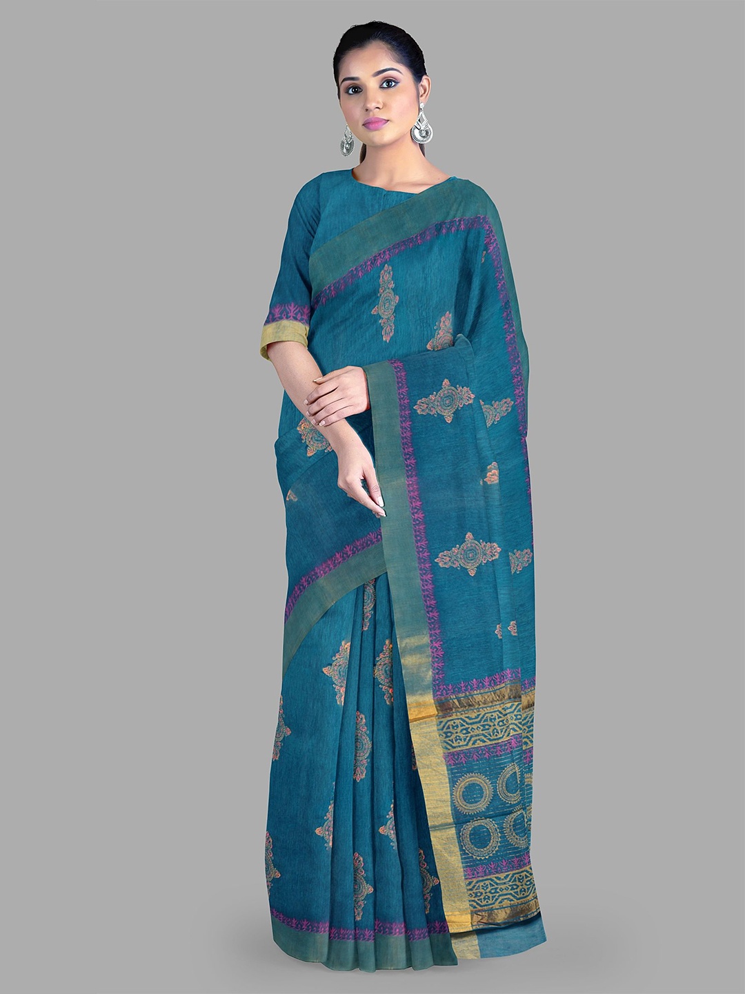 

The Chennai Silks Floral Zari Baluchari Saree, Blue