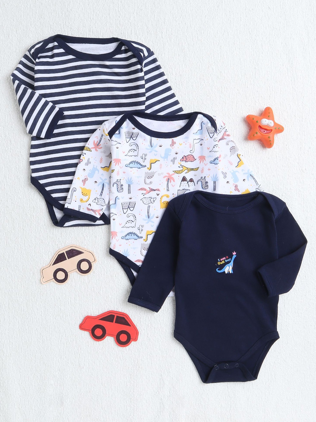 

BUMZEE Infant Boys Pack Of 3 Printed Pure Cotton Bodysuits, Navy blue