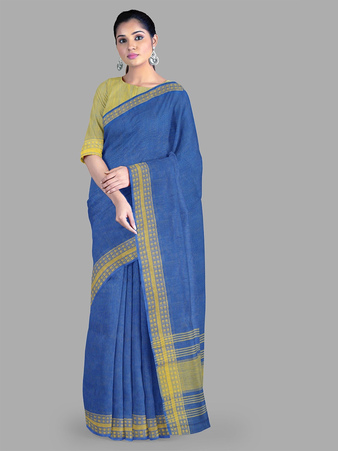 

The Chennai Silks Women Solid Pure Cotton Sarees With Blouse Piece, Blue
