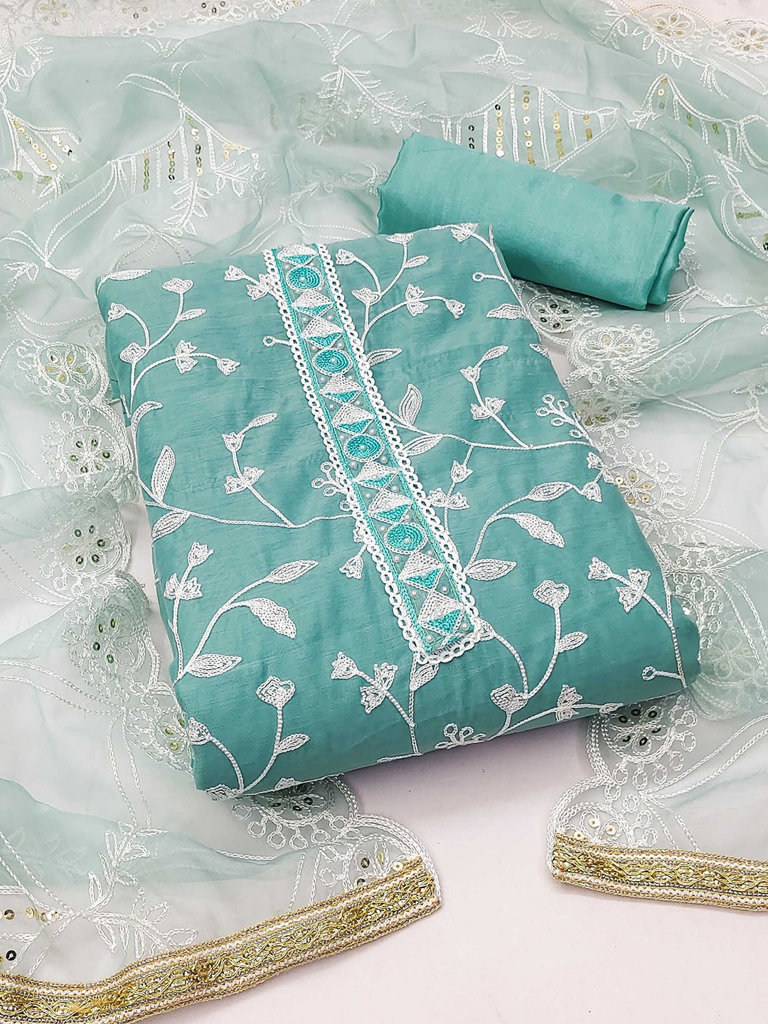 

Ishin Floral Embroidered Sequinned Pure Silk Unstitched Dress Material, Sea green