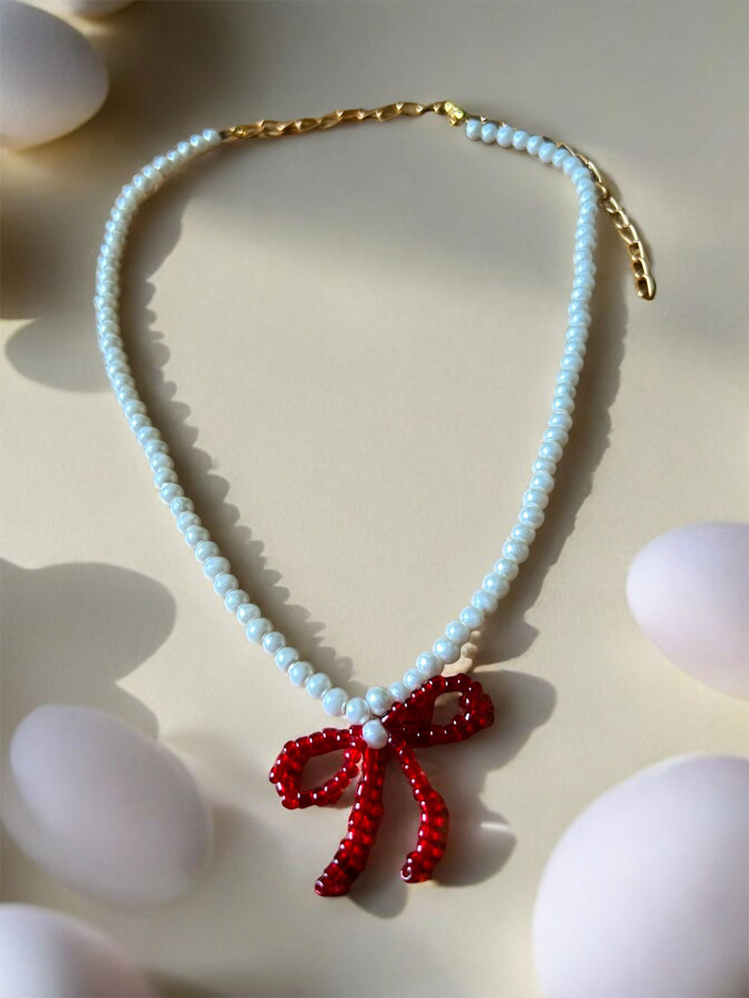 

JEWELWATI Beaded Bow Charm Necklace, White