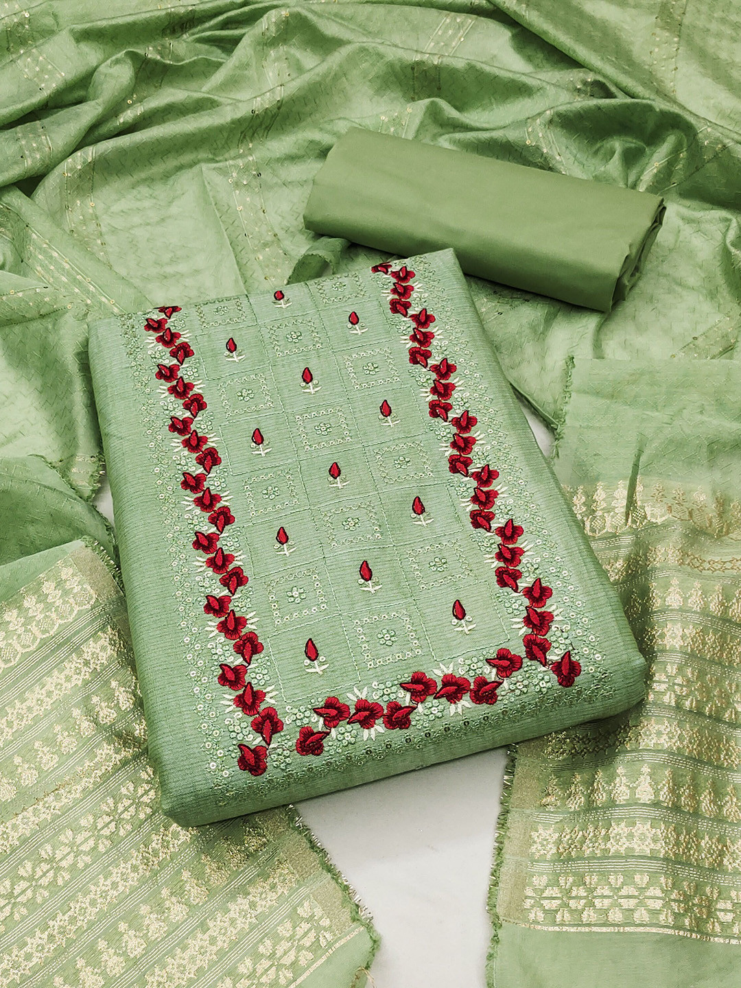 

Ishin Floral Embroidered Sequinned Pure Cotton Unstitched Dress Material, Green
