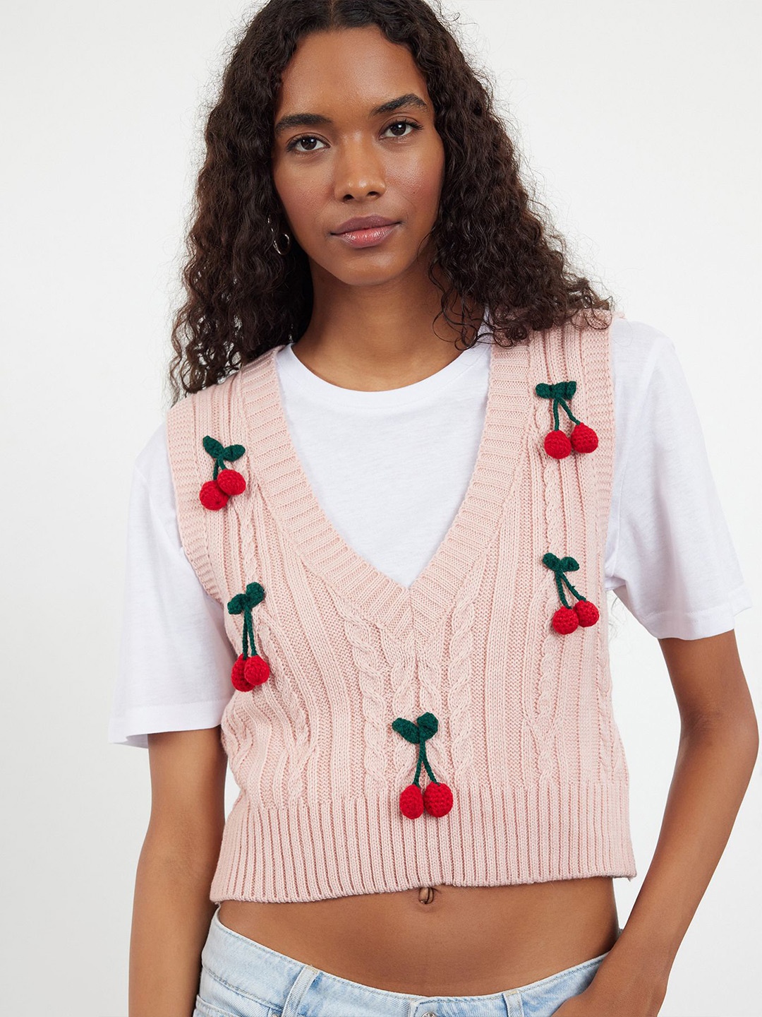 

Trendyol Women Cable Knit Crop Sweater Vest, Pink