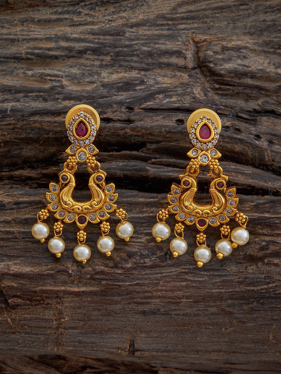 

Kushal's Fashion Jewellery Gold-Plated Stones Studded Peacock Shaped Drop Earrings