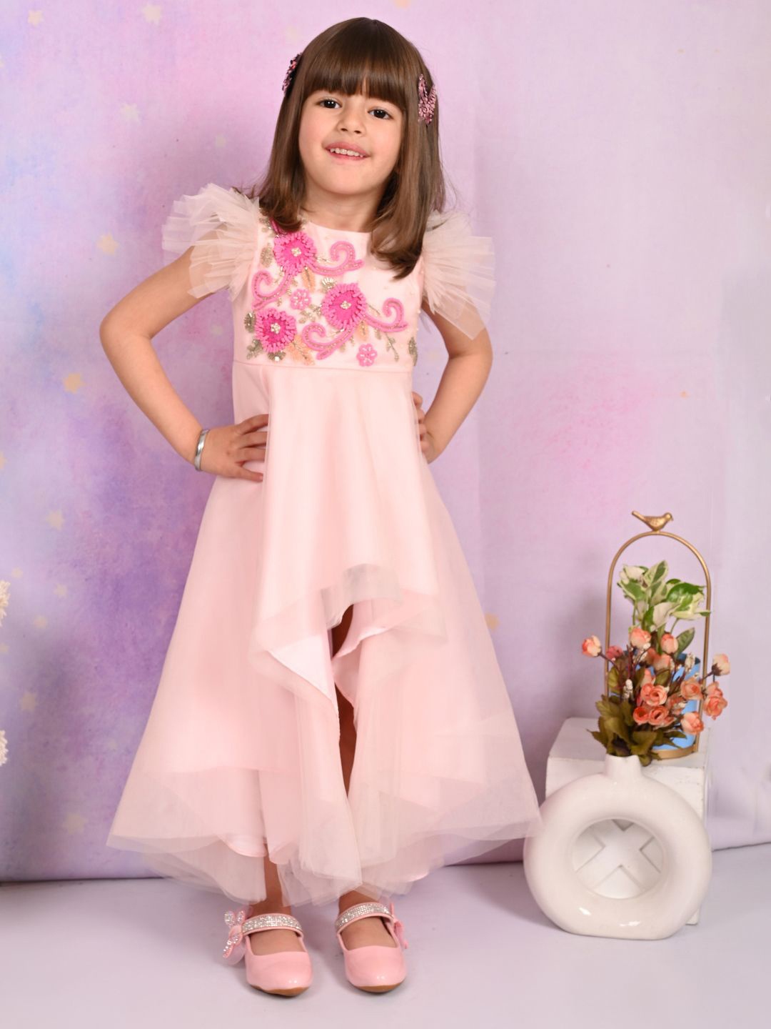 

Bedtime story Girls Floral Embroidered Net Maxi Dress, Pink