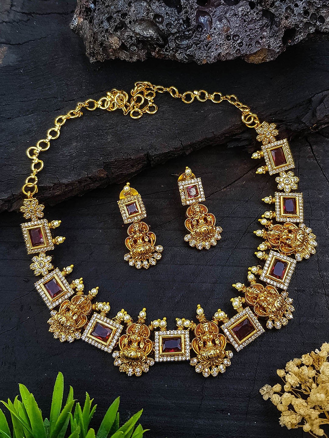 

GRIIHAM Gold-Plated Cubic Zirconia Studded Temple Jewellery Set