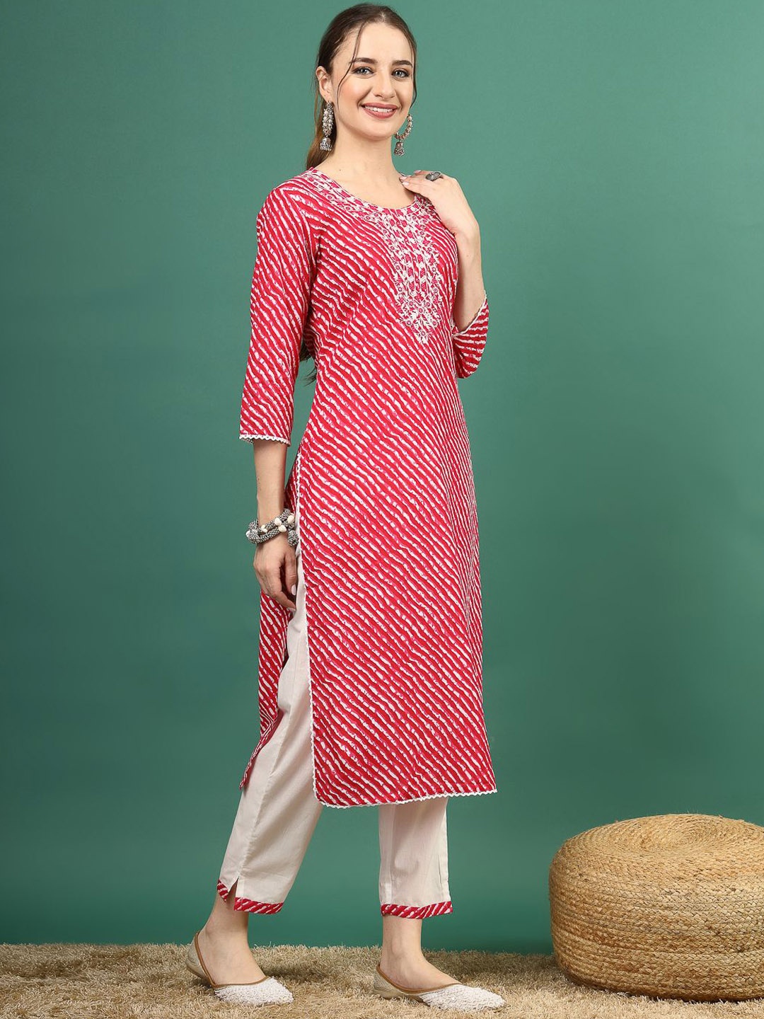 

Ramas Leheriya Embroidered Mirror Work Cotton Straight Kurta, Pink