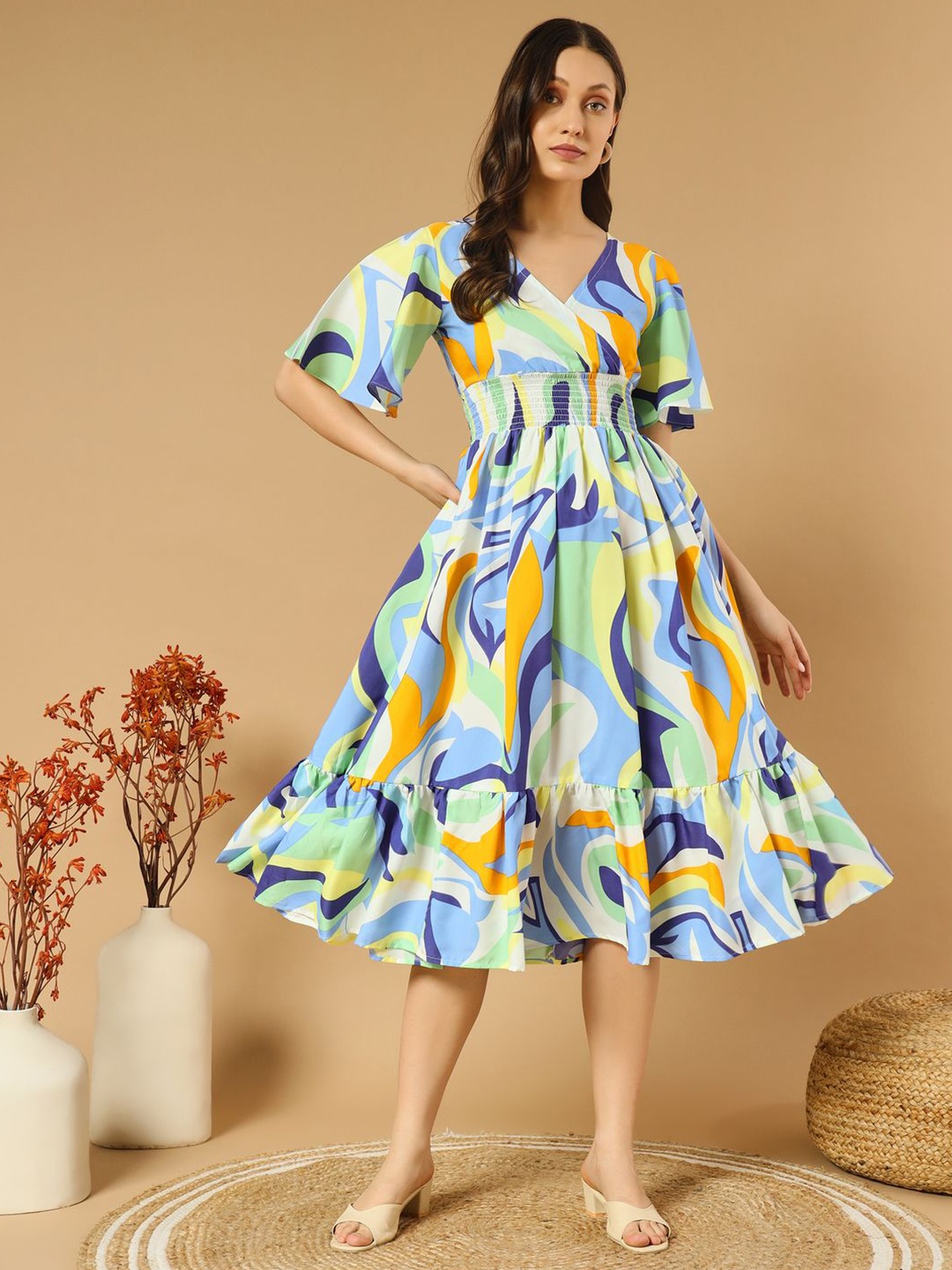 

OTABU Floral Print Flared Sleeve Applique Crepe Formal A-Line Midi Dress, Multi