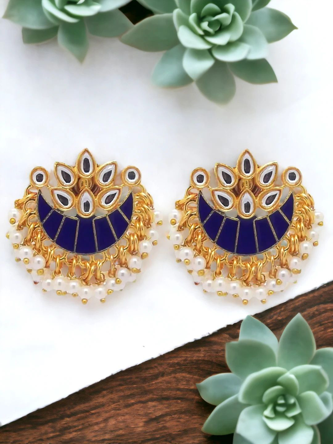 

9blings Gold Plated Stone Beaded Crescent Shaped Meenakari Chandbalis