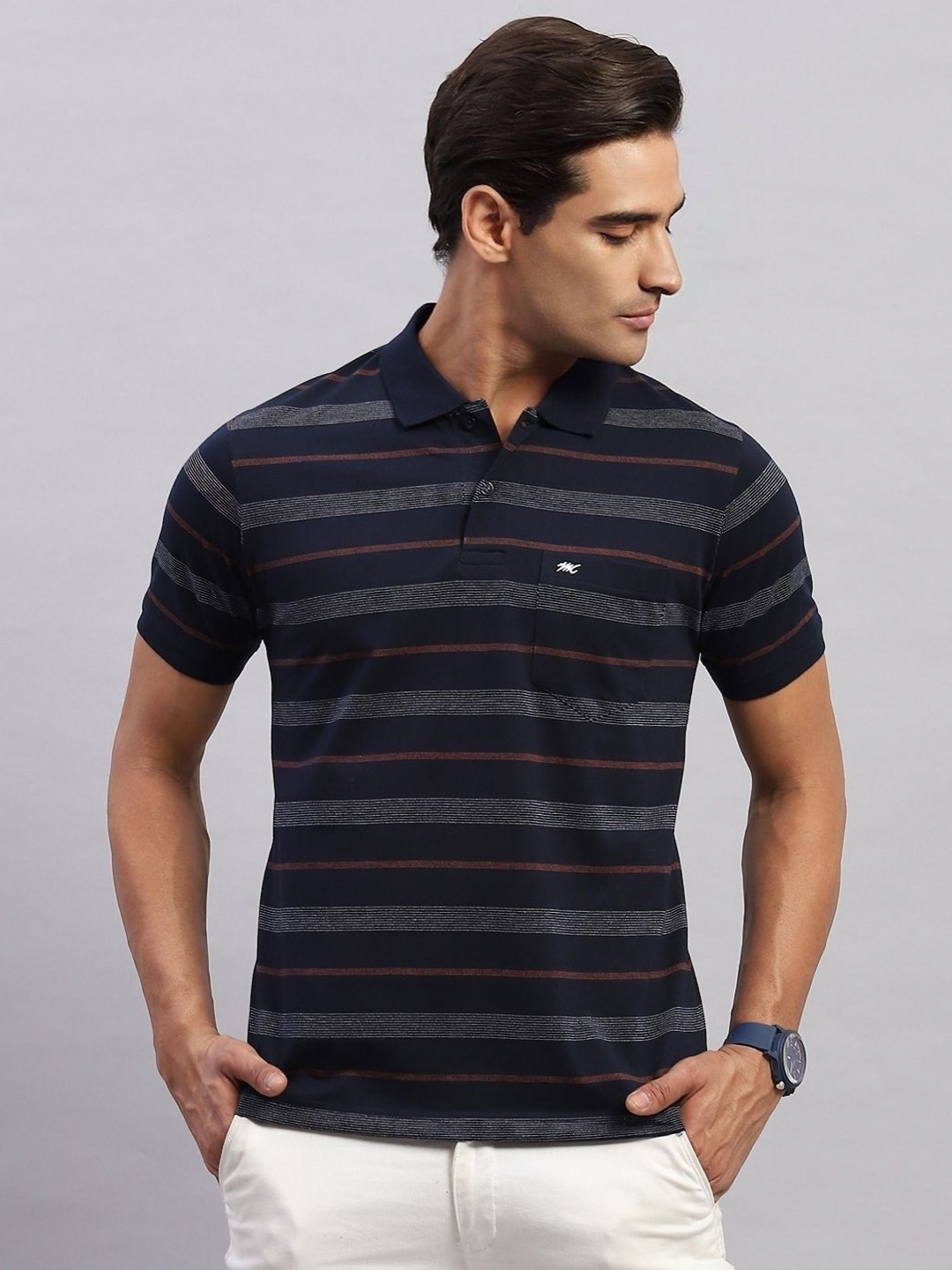 

Monte Carlo Men Striped Polo Collar Cotton T-shirt, Navy blue