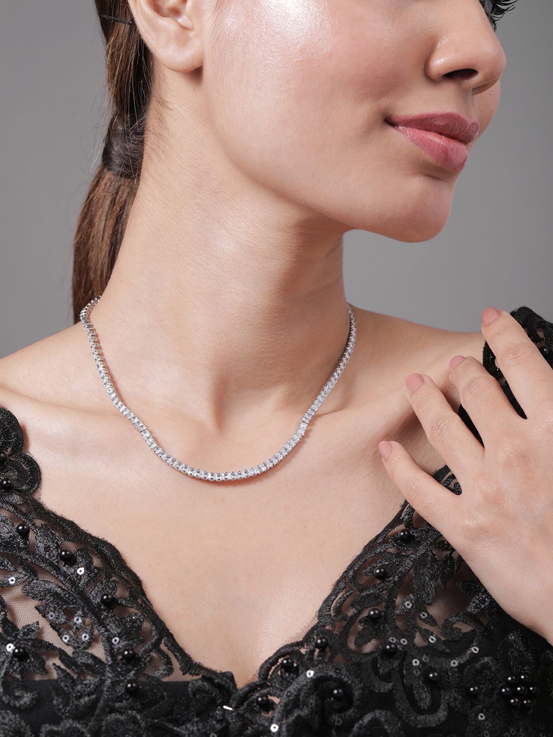 

Rubans Rhodium Plated AD & Cubic Zirconia Studded Elegant Tennis Necklace, Silver