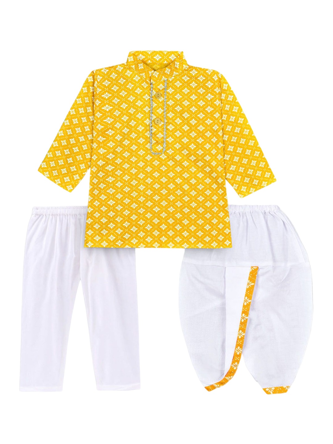 

BAESD Boys Ethnic Motifs Printed Straight Kurta With Pyjamas And Dhoti, Yellow