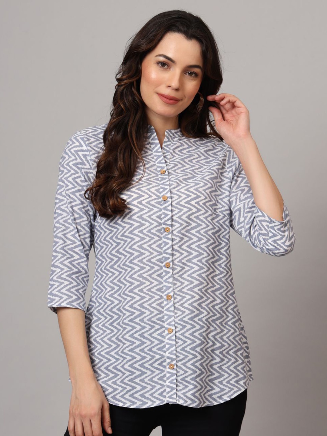 

Anouk Rustic Mandarin Collar Printed Tunic, Grey