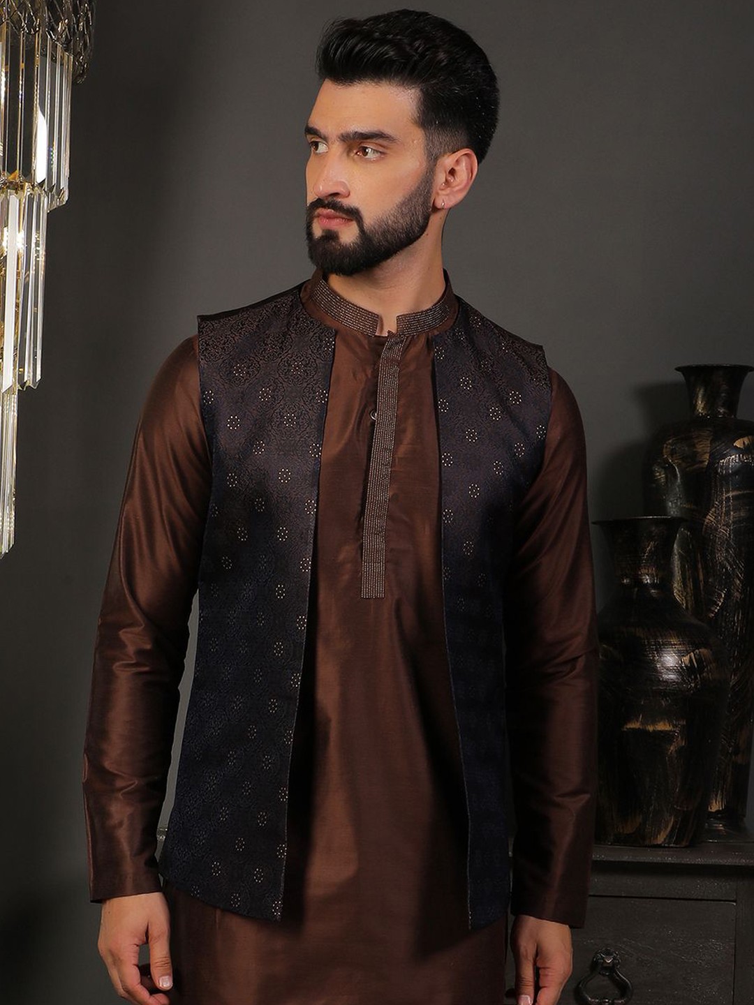 

DEYANN Men Printed Mandarin Collar Nehru Jacket, Brown