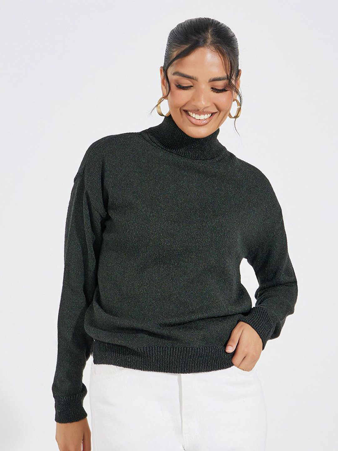 

Styli Women Turtle Neck Long Length Regular Fit Sweater, Olive