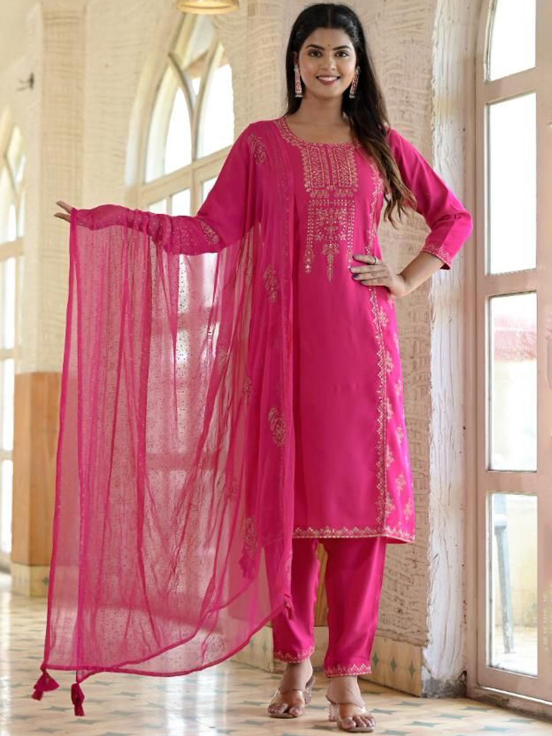 

FLAVIA CREATION Floral Embroidered Round Neck A-Line Kurta With Trousers & Dupatta, Pink