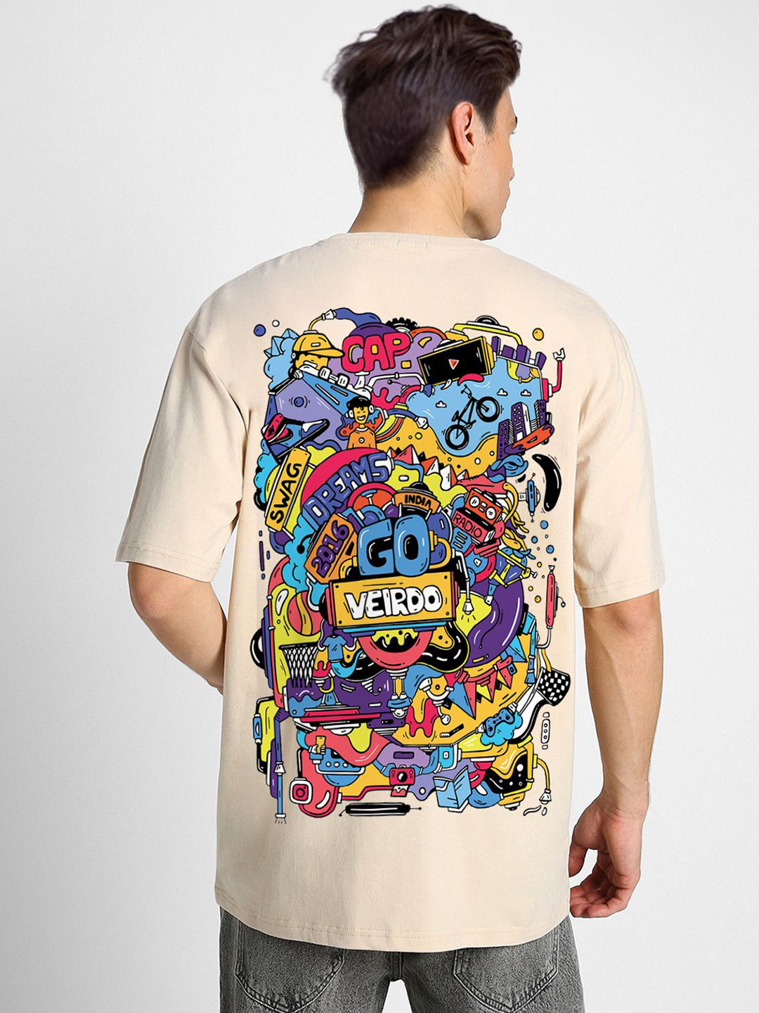 

VEIRDO Men Graphic Printed Round Neck Pure Cotton Oversized T-shirt, Beige