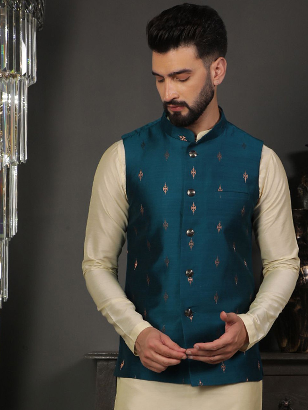 

DEYANN Men Printed Mandarin Collar Nehru Jacket, Blue