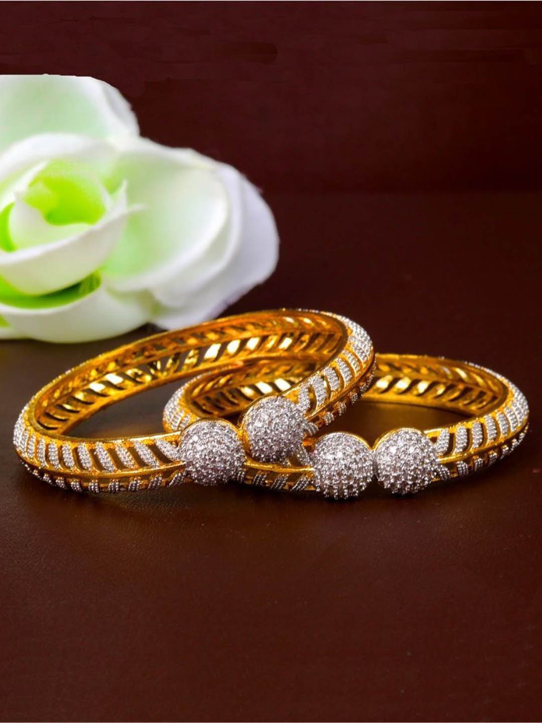 

Zevarly Set Of 2 Gold-Plated American Diamond Studded Bangles, White