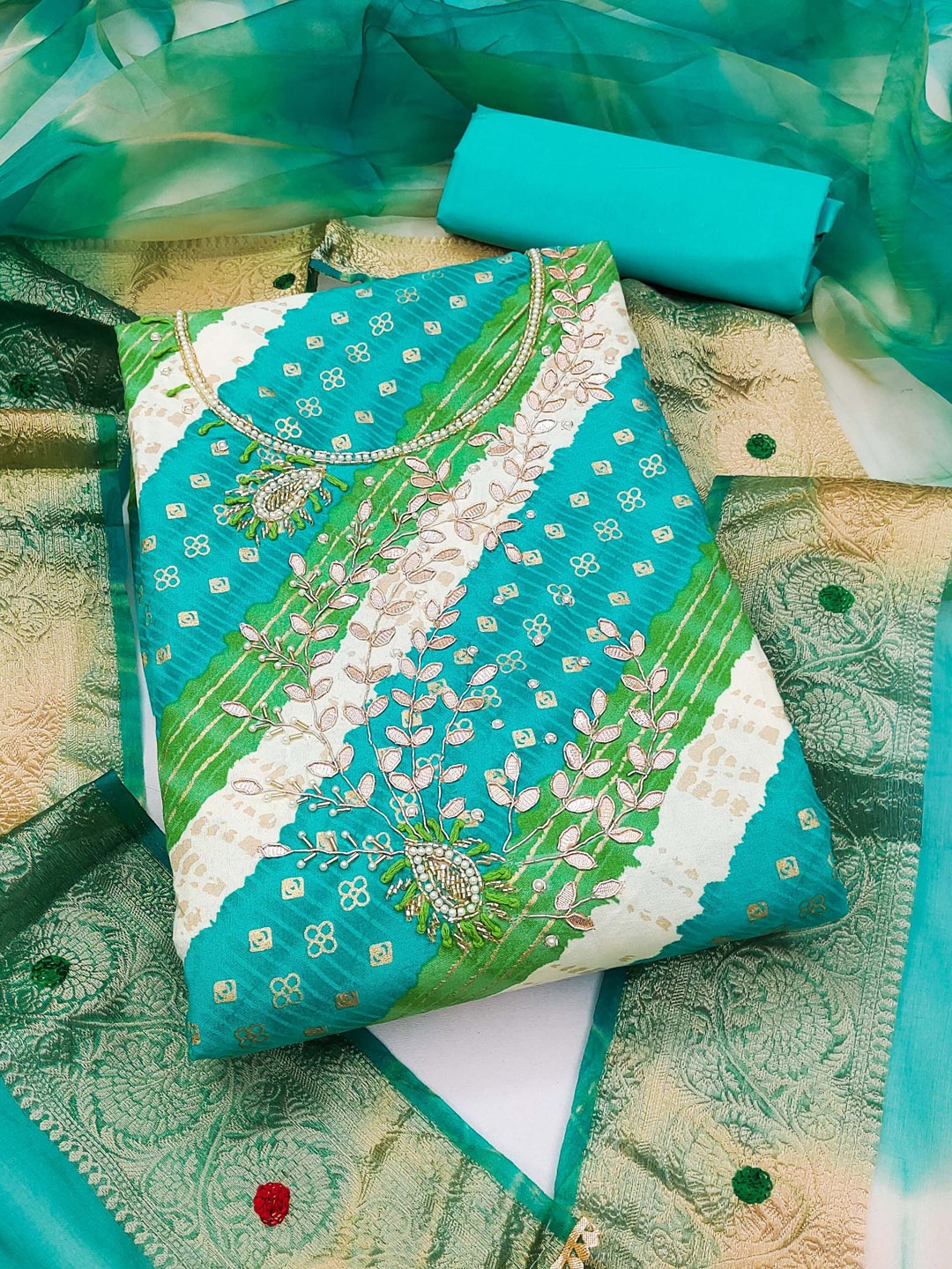 

Ishin Bandhani Printed Beads and Stones Pure Cotton Unstitched Dress Material, Blue
