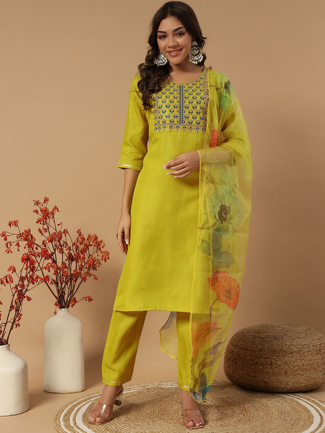

MORLY Ethnic Motifs Embroidered Straight Kurta with Trousers & With Dupatta, Lime green