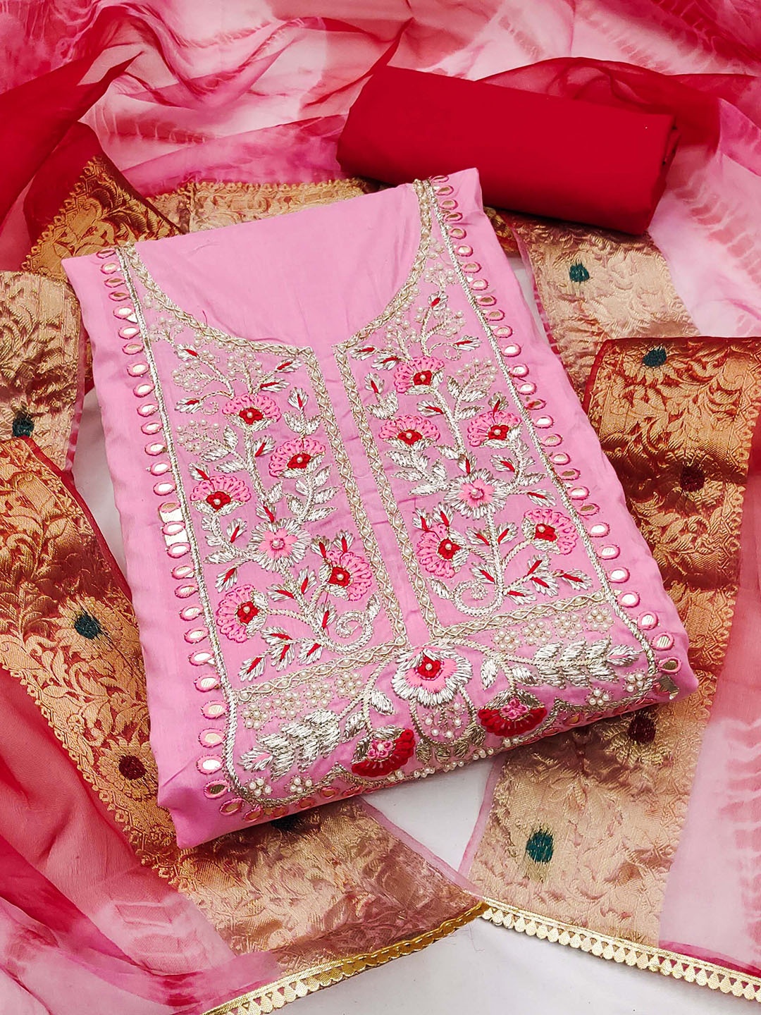 

Ishin Floral Embroidered Zari Unstitched Dress Material, Pink