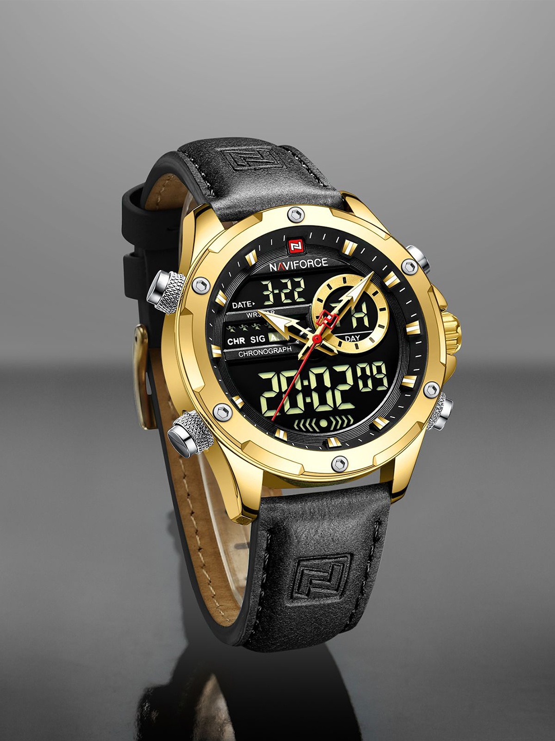 

Naviforce Men Brass Printed Dial & Leather Straps Analogue and Digital Multi Function Watch NF9208 GBB, Gold