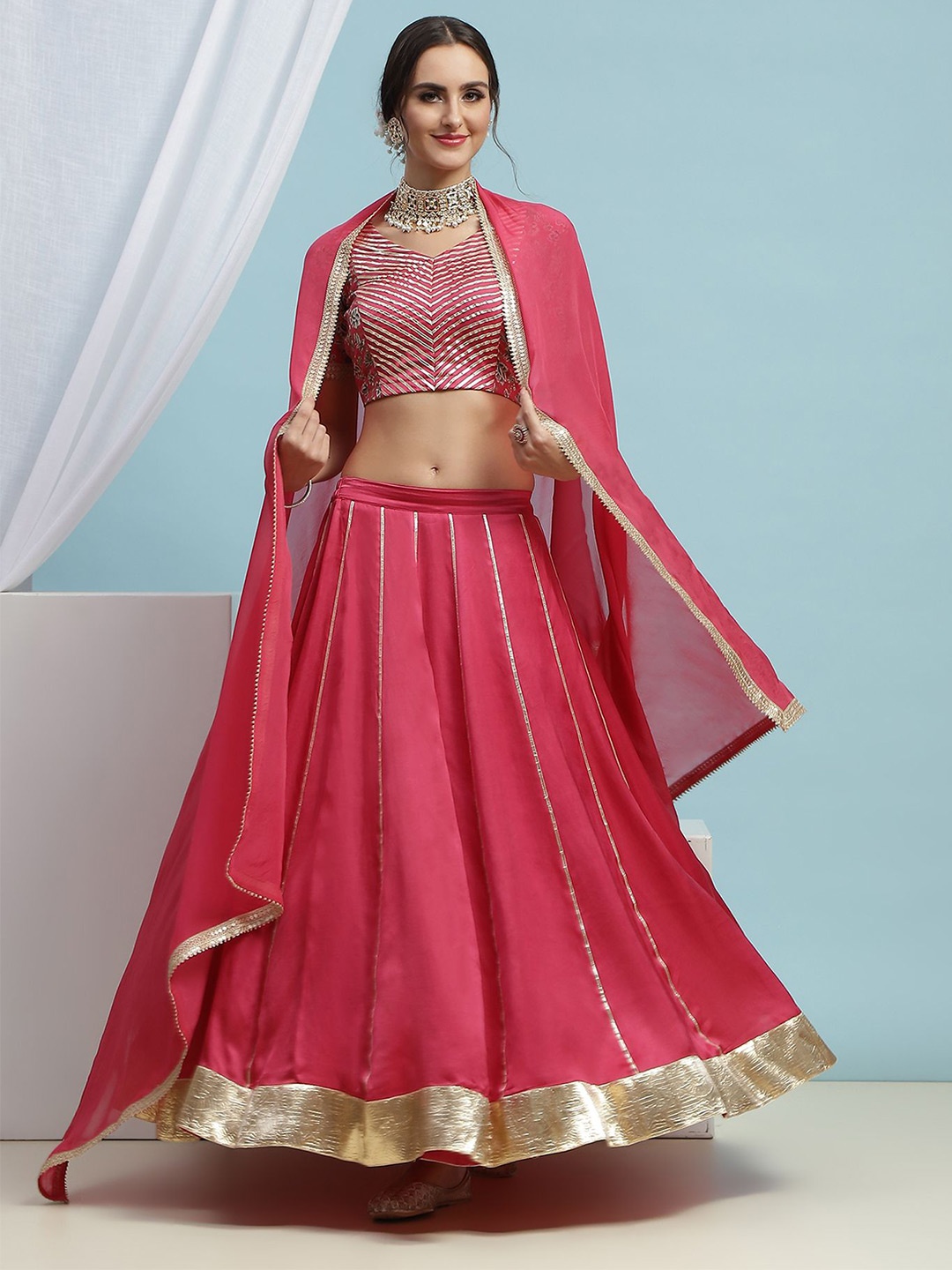 

Khushal K Embroidered V-Neck Ready to Wear Lehenga & Blouse With Dupatta, Pink