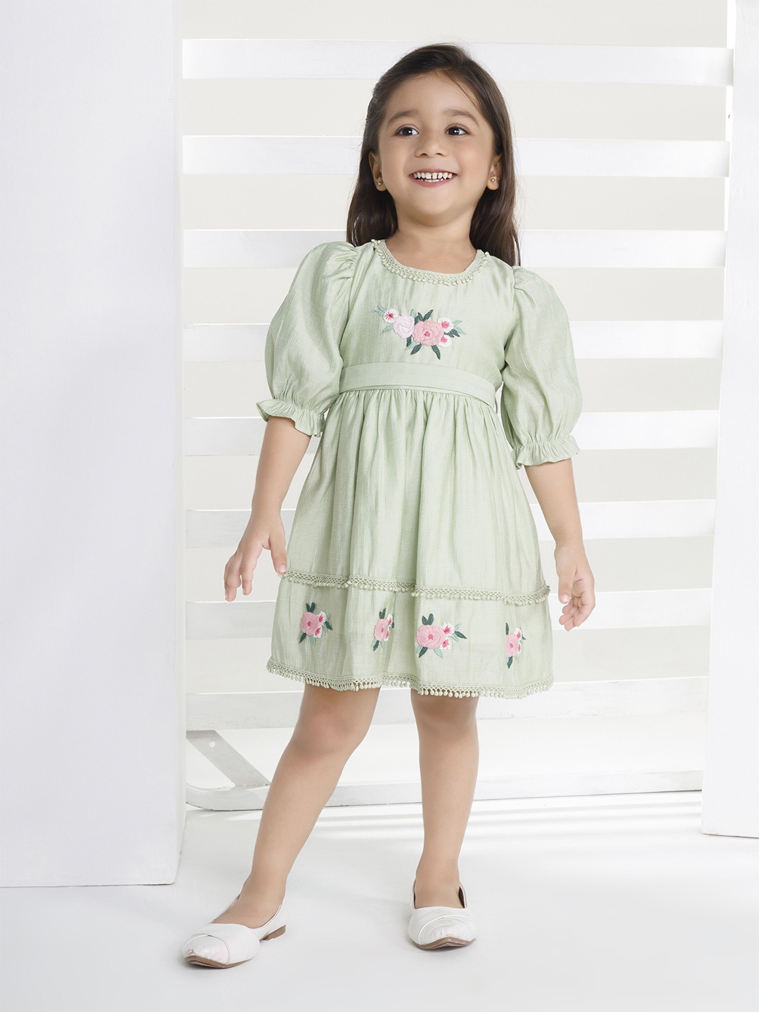 

Peppermint Girls Puff Sleeve A-Line Dress, Green