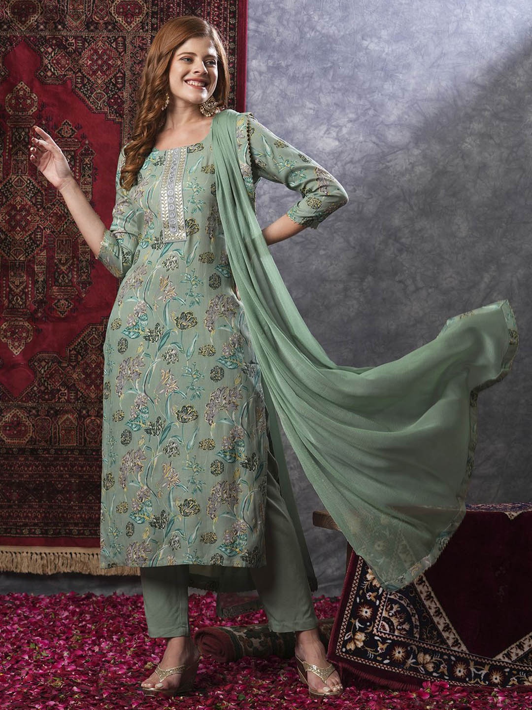 

Anni Designer Floral Printed Regular Straight Kurta with Trousers & Dupatta, Green