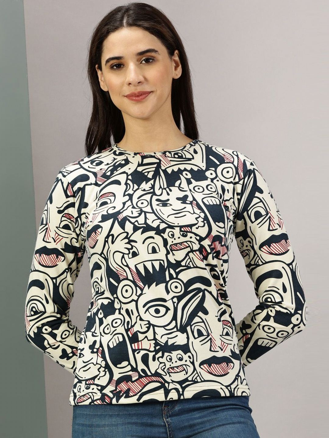 

Rodzen Women Abstract Printed Round Neck Cotton T-shirt, Cream