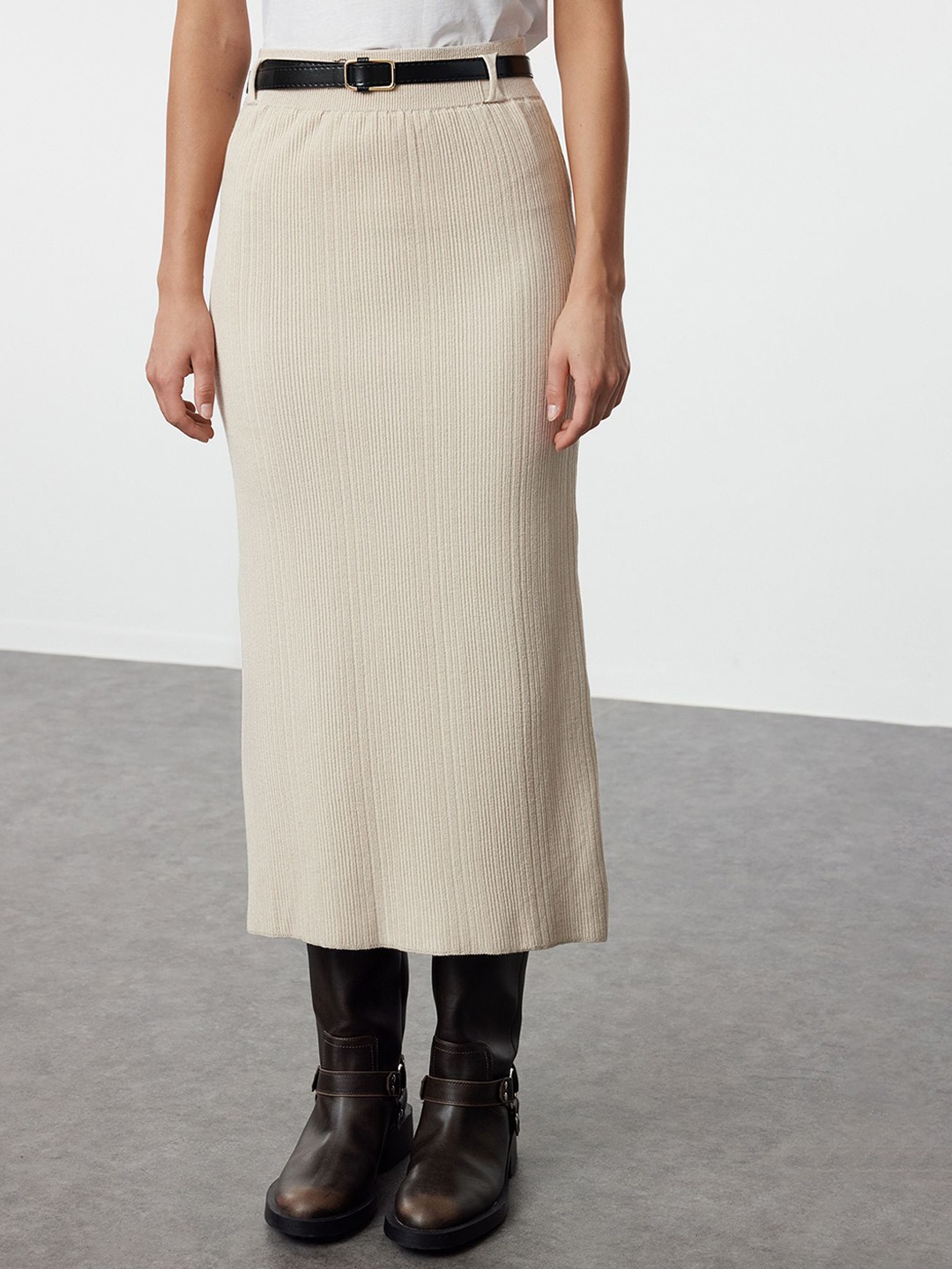 

Trendyol Ribbed Straight Midi Skirt, Beige